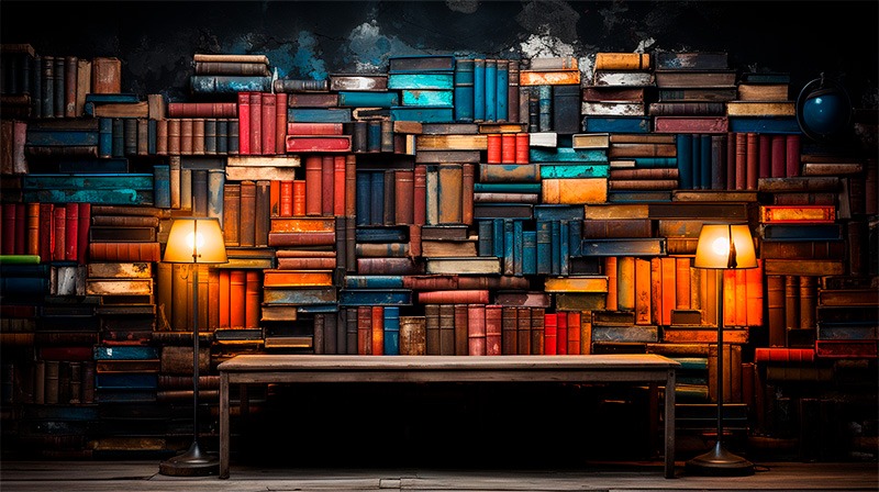 Libros colocados en una estantería, abigarrados, como con poco espacio.